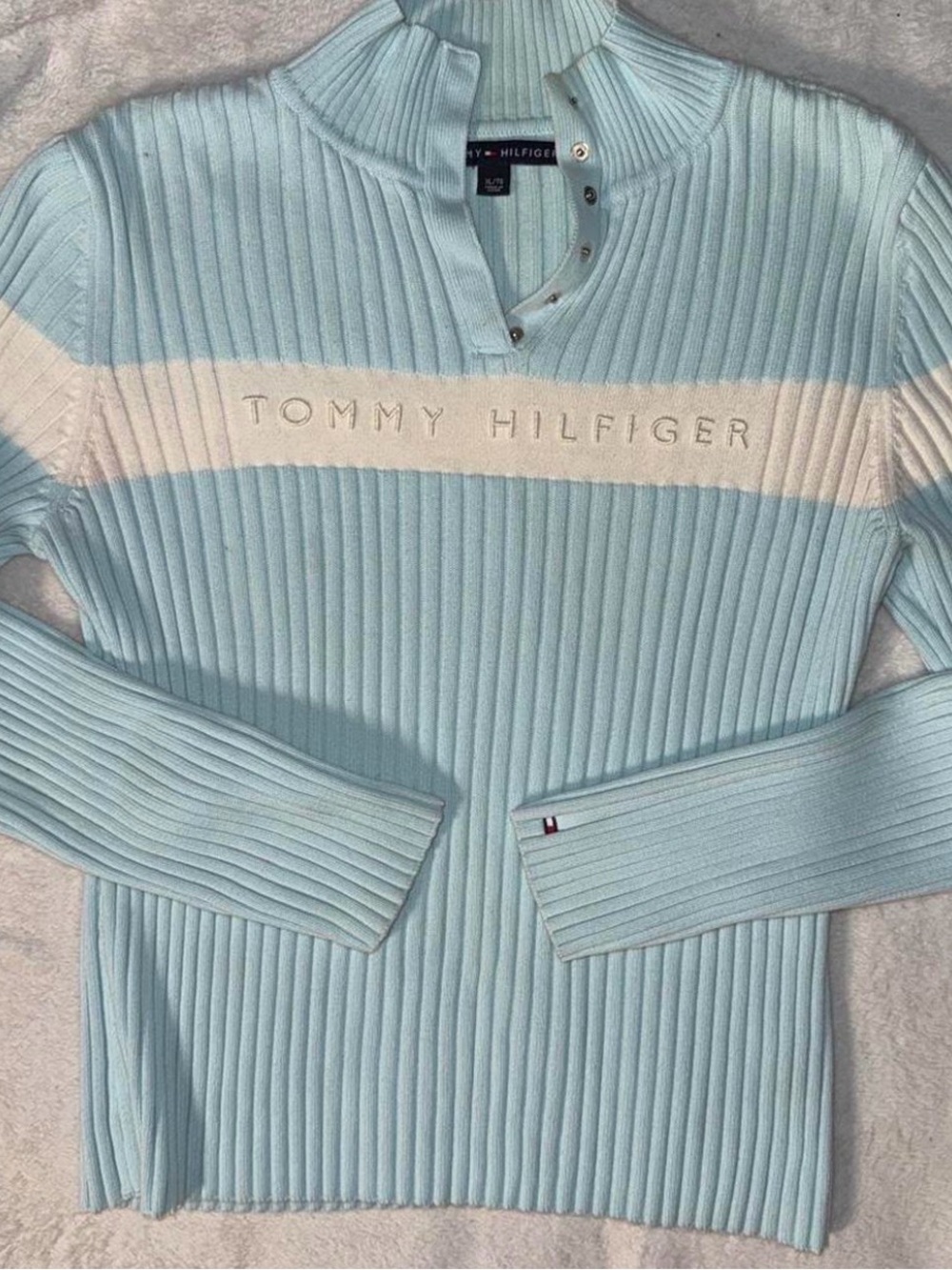 Tommy Hilfiger Light Blue Ribbed Zip Mock Neck Sweater with White Stripe